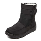 Women's Waterproof Warm-Lined Flat Boots with Hook-and-Loop Strap - Black