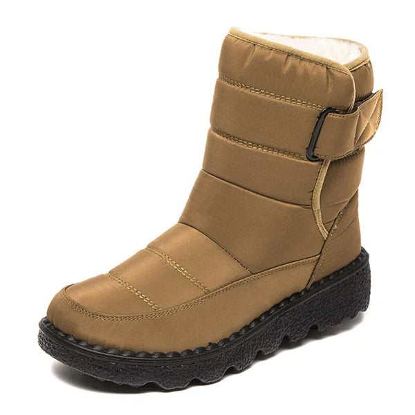 Women's Waterproof Warm-Lined Flat Boots with Hook-and-Loop Strap - Khaki