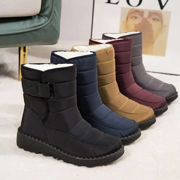 Women's Waterproof Warm-Lined Flat Boots with Hook-and-Loop Strap