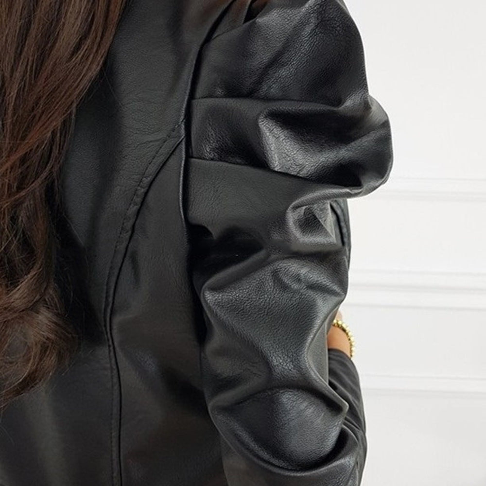 Women's Cropped Leather Biker Jacket with Puff Sleeves