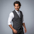 Men's Tailored Herringbone Tweed Vest with Lapel - Dark Gray