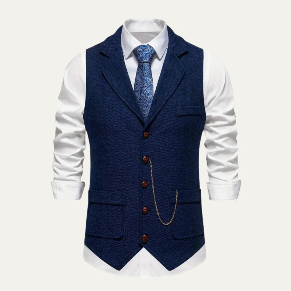 Men's Tailored Herringbone Tweed Vest with Lapel