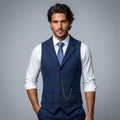 Men's Tailored Herringbone Tweed Vest with Lapel - Navy Blue