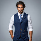Men's Tailored Herringbone Tweed Vest with Lapel - Navy Blue