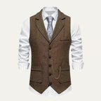 Men's Tailored Herringbone Tweed Vest with Lapel