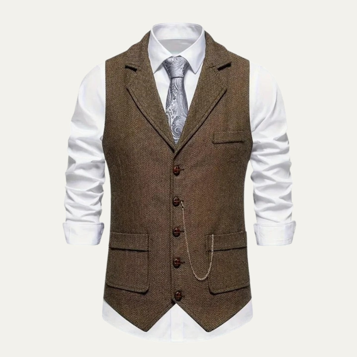 Men's Tailored Herringbone Tweed Vest with Lapel