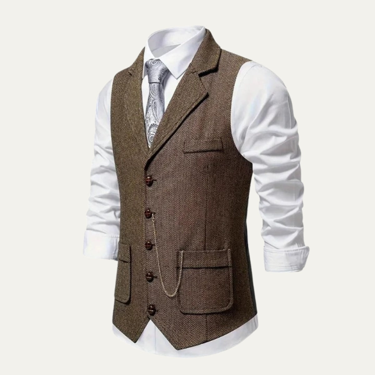 Men's Tailored Herringbone Tweed Vest with Lapel