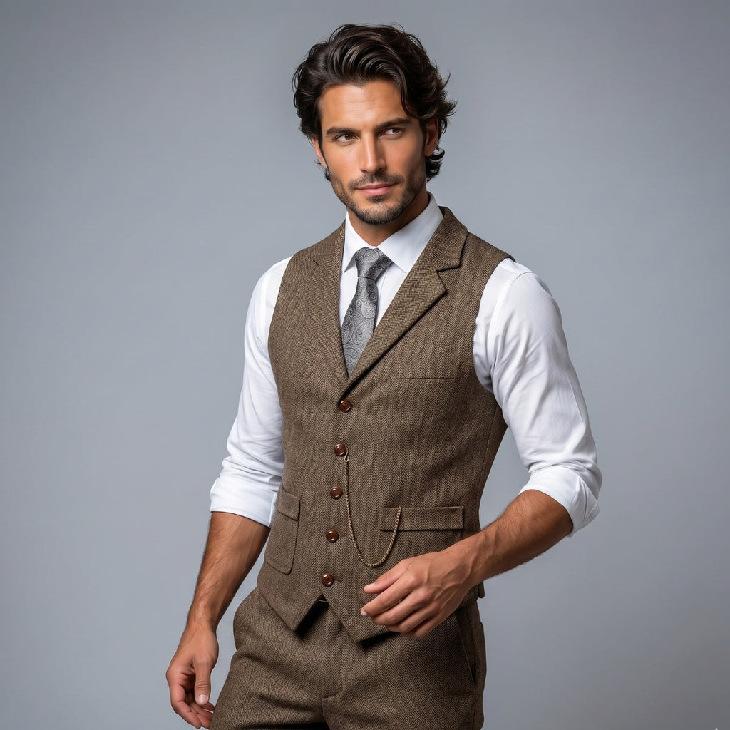 Men's Tailored Herringbone Tweed Vest with Lapel - Dark Brown