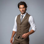 Men's Tailored Herringbone Tweed Vest with Lapel - Dark Brown