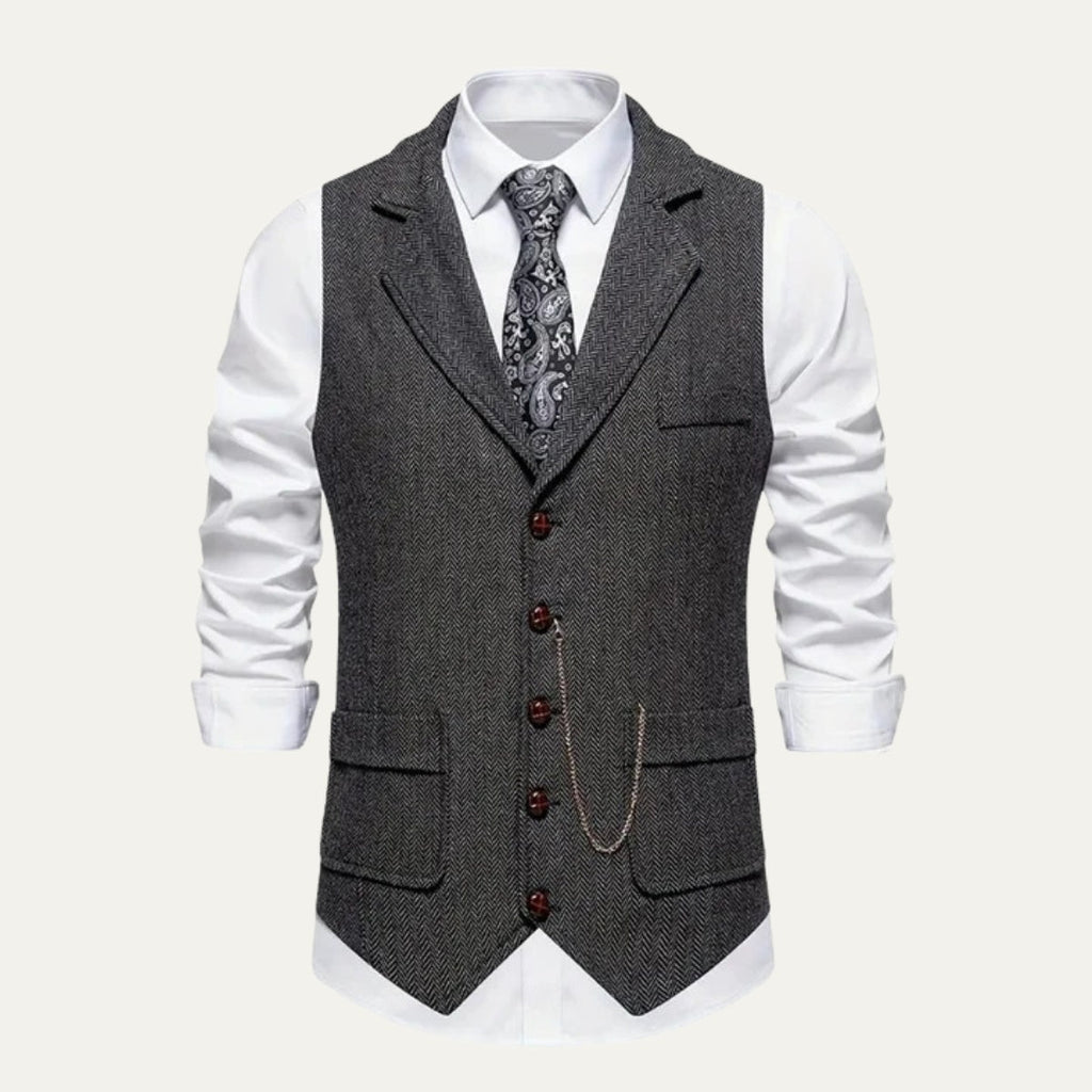 Men's Tailored Herringbone Tweed Vest with Lapel