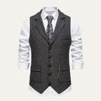 Men's Tailored Herringbone Tweed Vest with Lapel