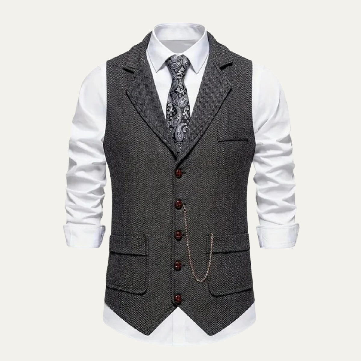 Men's Tailored Herringbone Tweed Vest with Lapel