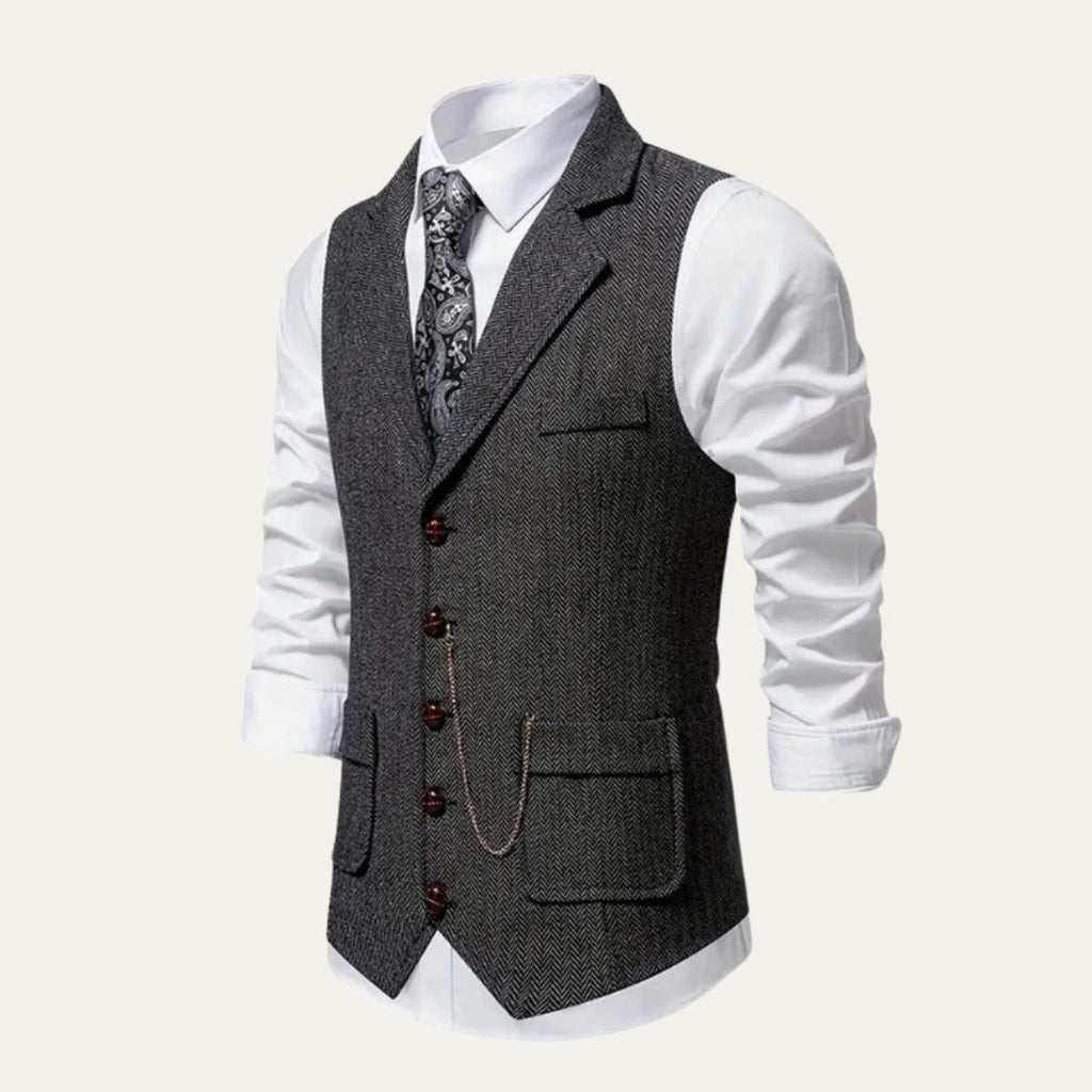 Men's Tailored Herringbone Tweed Vest with Lapel