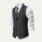 Men's Tailored Herringbone Tweed Vest with Lapel