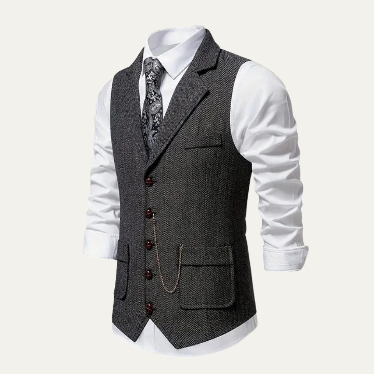 Men's Tailored Herringbone Tweed Vest with Lapel