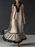 Women's Two-Tone Boho Ruffle Maxi Dress - Sand
