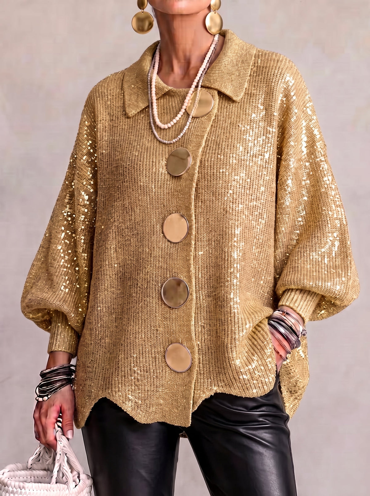 Women's Oversized Cardigan with Metal Buttons - Gold