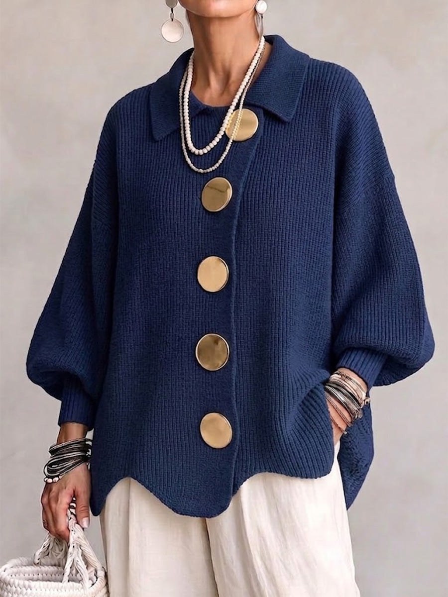 Women's Oversized Cardigan with Metal Buttons - Navy Blue