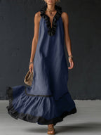 Women's Two-Tone Boho Ruffle Maxi Dress - Navy Blue