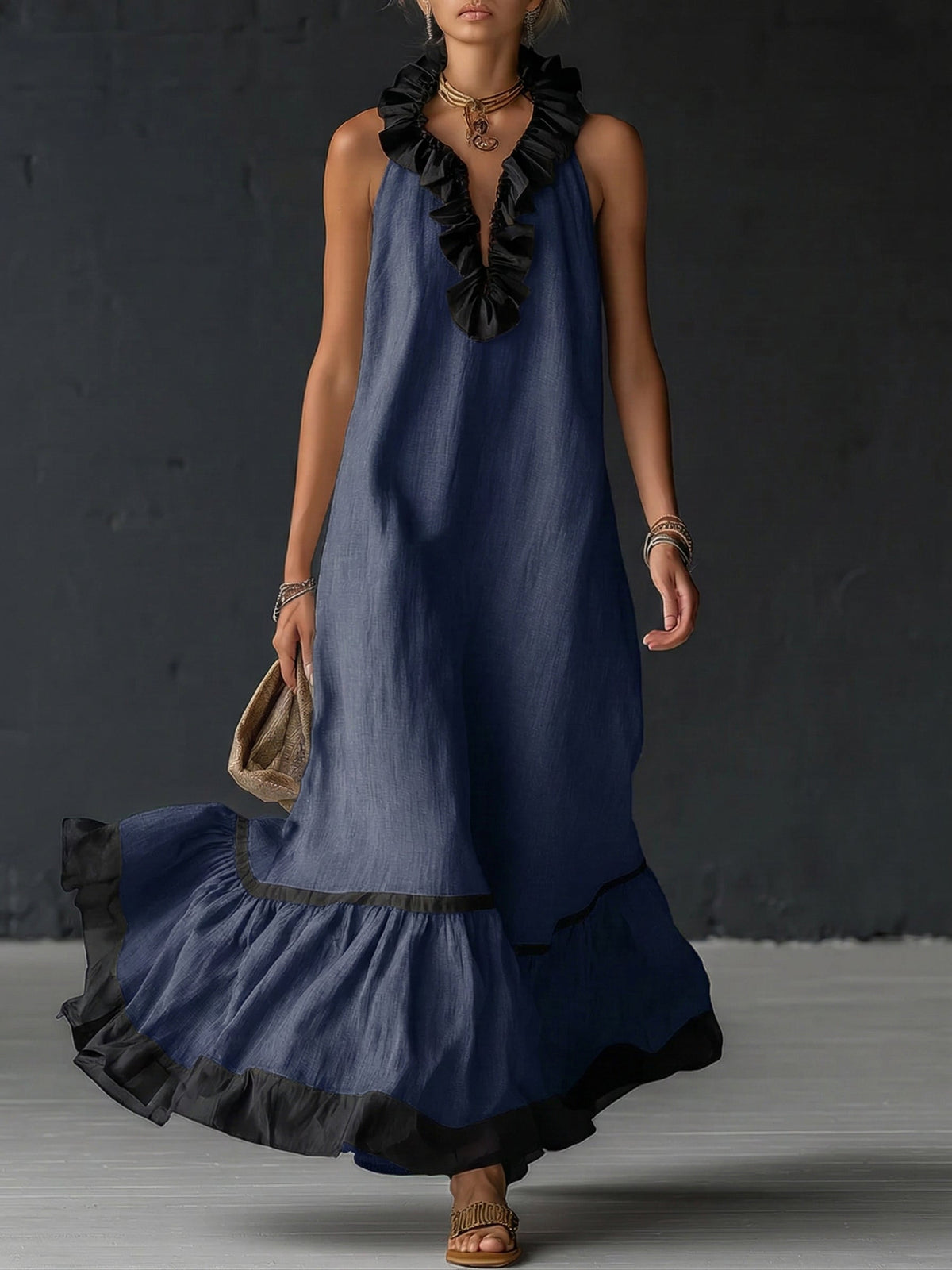 Women's Two-Tone Boho Ruffle Maxi Dress - Navy Blue