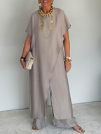 Women's Two-Piece Set Long Asymmetric Tunic and Wide-Leg Pants - Sand