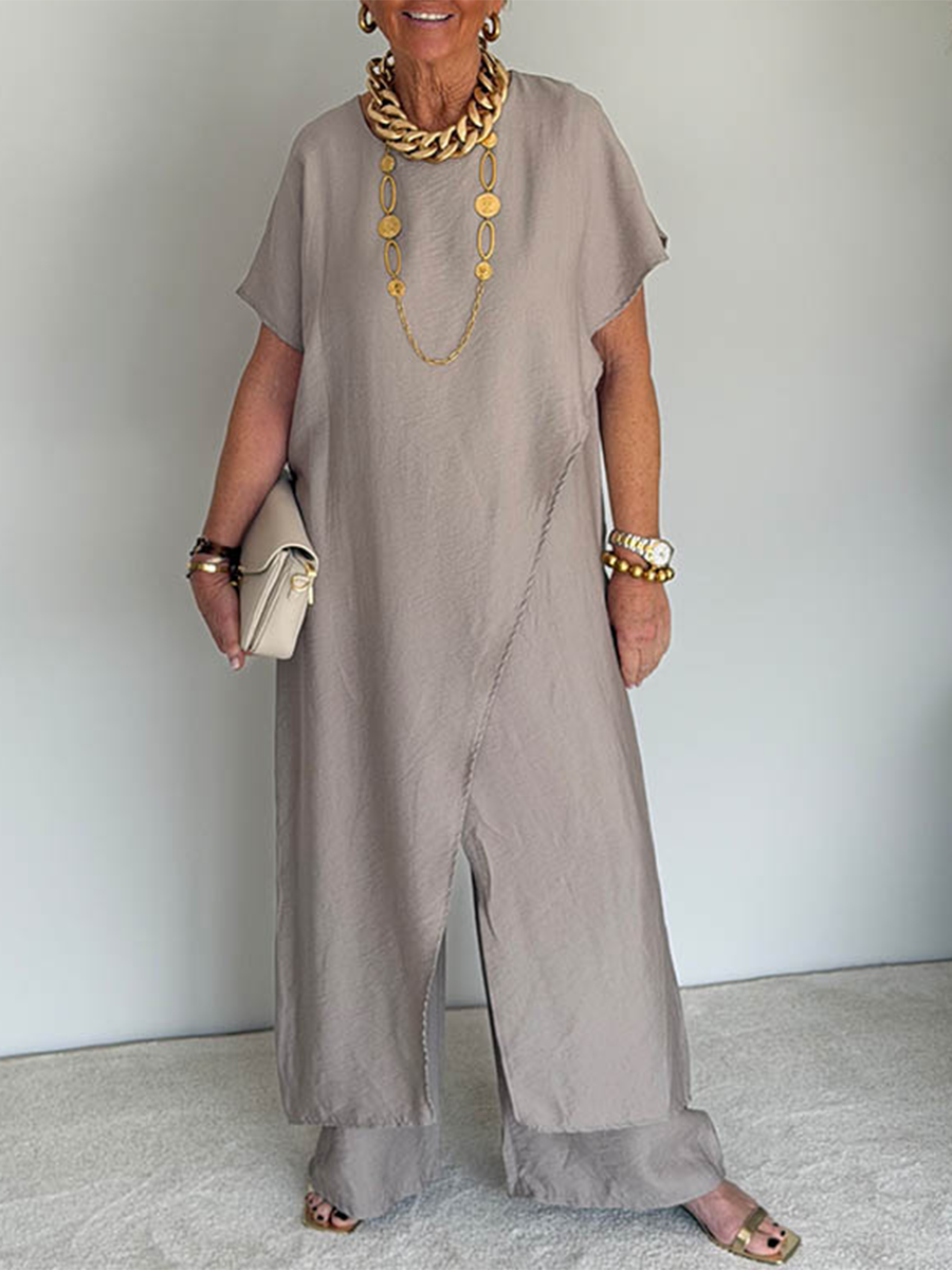 Women's Two-Piece Set Long Asymmetric Tunic and Wide-Leg Pants - Sand