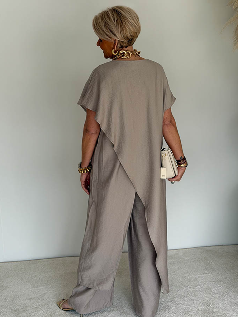 Women's Two-Piece Set Long Asymmetric Tunic and Wide-Leg Pants