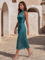 Women's Elegant High Neck Lace Wedding Guest and Party Dress