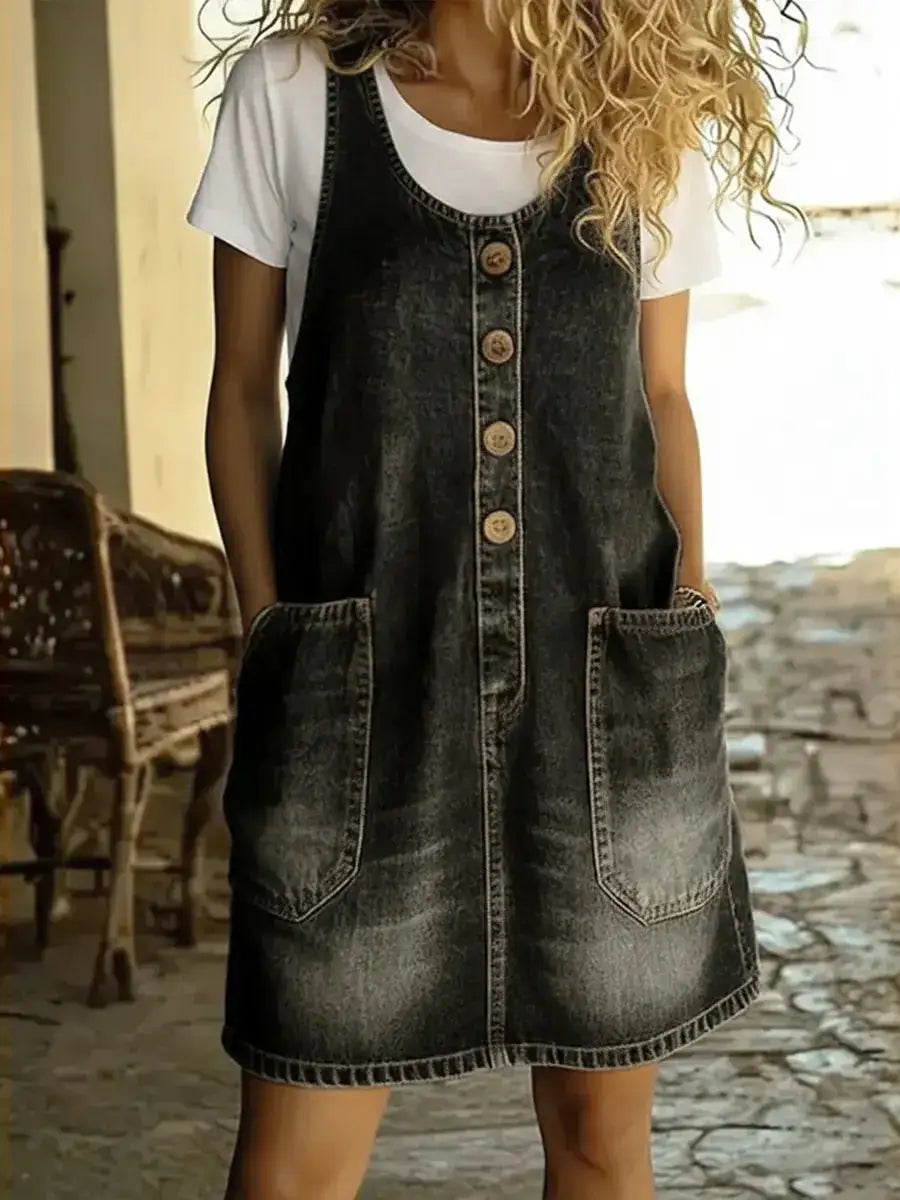 Women's Sleeveless Cotton Denim Mini Dress - Black