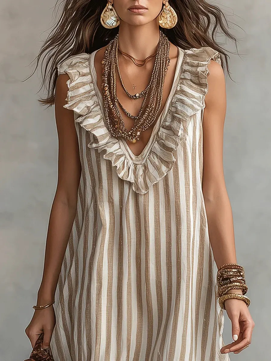 Women's Striped Cotton Dress with Ruffle Neckline