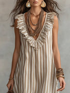 Women's Striped Cotton Dress with Ruffle Neckline