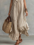 Women's Striped Cotton Dress with Ruffle Neckline