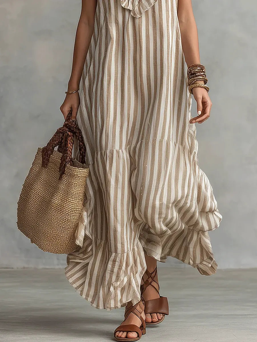 Women's Striped Cotton Dress with Ruffle Neckline
