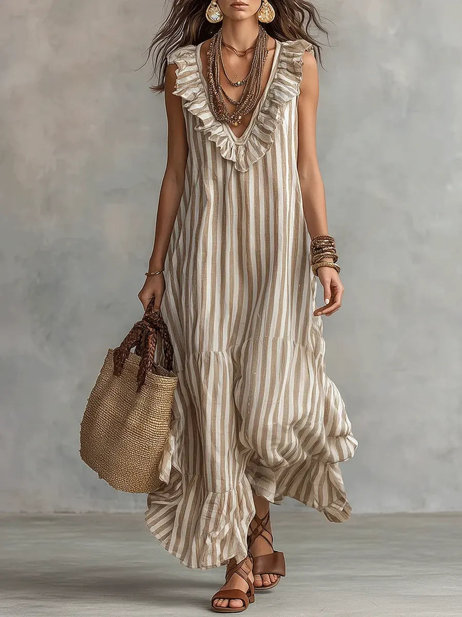 Women's Striped Cotton Dress with Ruffle Neckline - Khaki