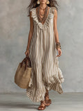 Women's Striped Cotton Dress with Ruffle Neckline - Khaki
