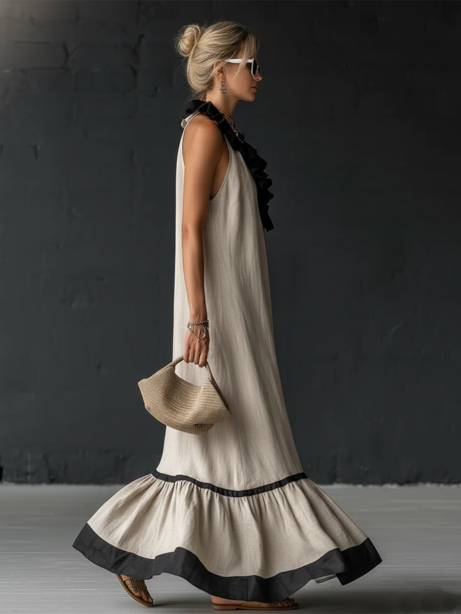 Women's Two-Tone Boho Ruffle Maxi Dress