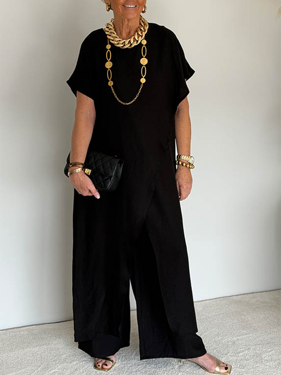 Women's Two-Piece Set Long Asymmetric Tunic and Wide-Leg Pants - Black