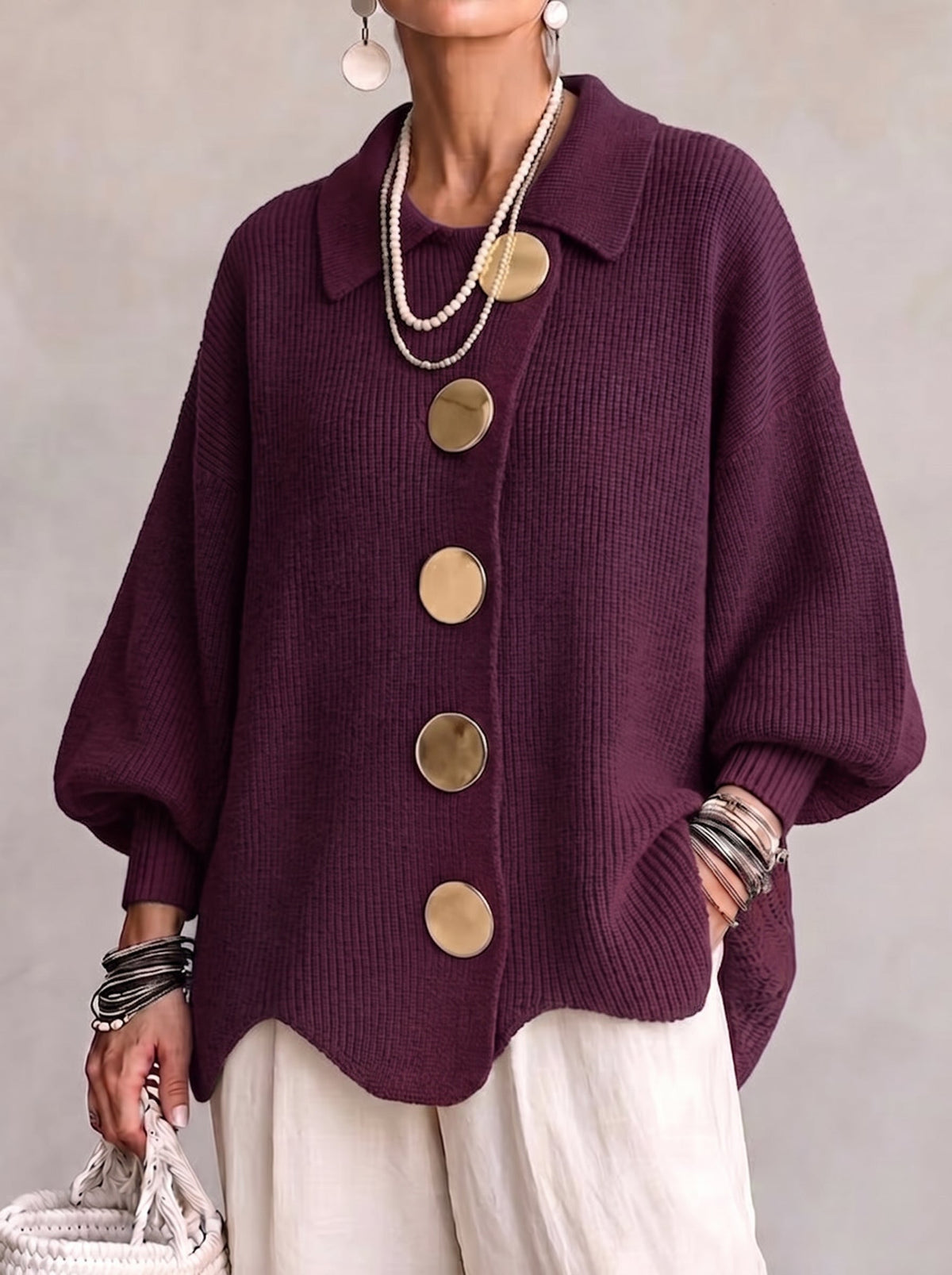 Women's Oversized Cardigan with Metal Buttons - Wine