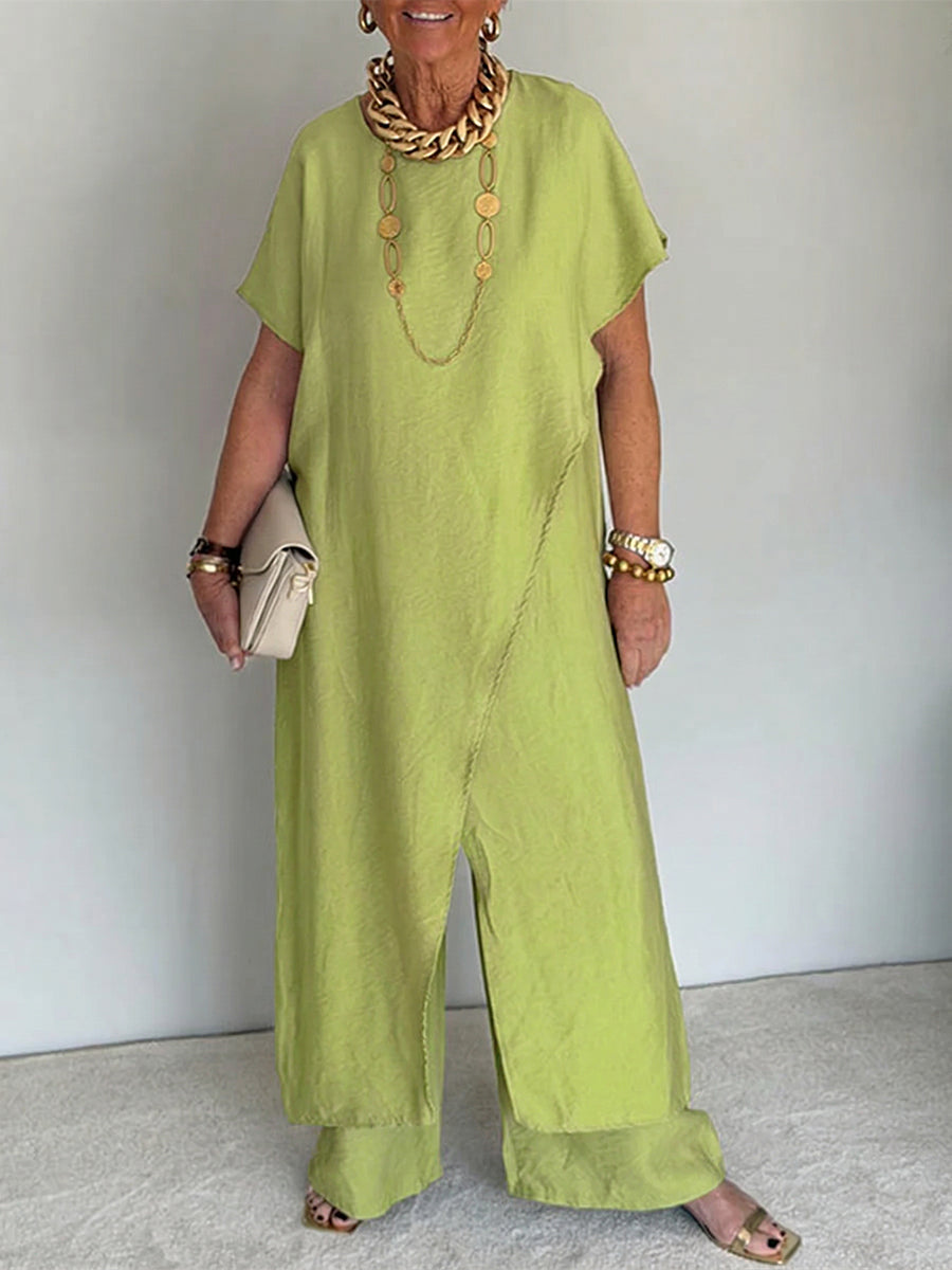 Women's Two-Piece Set Long Asymmetric Tunic and Wide-Leg Pants - Green