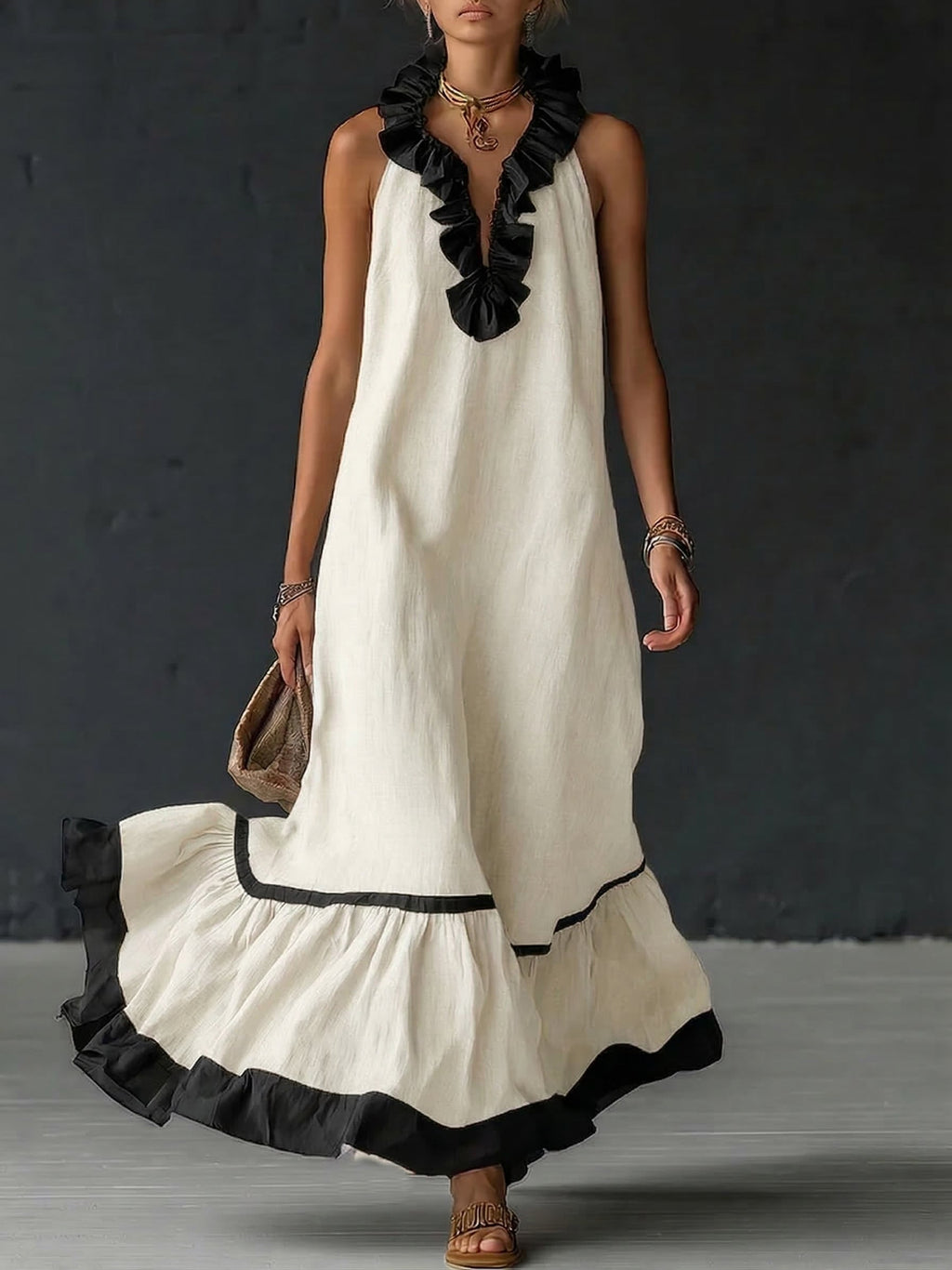 Women's Two-Tone Boho Ruffle Maxi Dress - White