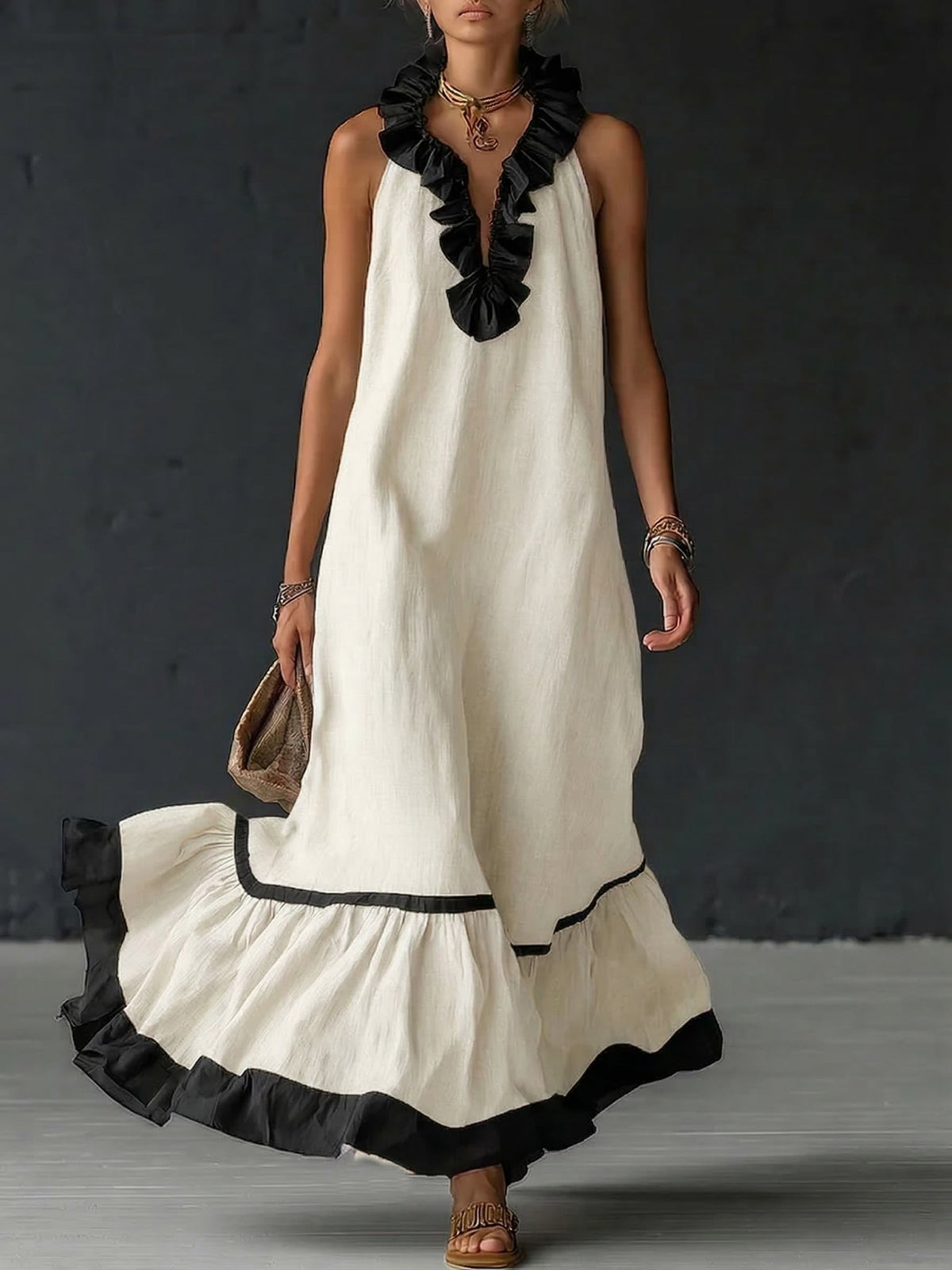Women's Two-Tone Boho Ruffle Maxi Dress - White
