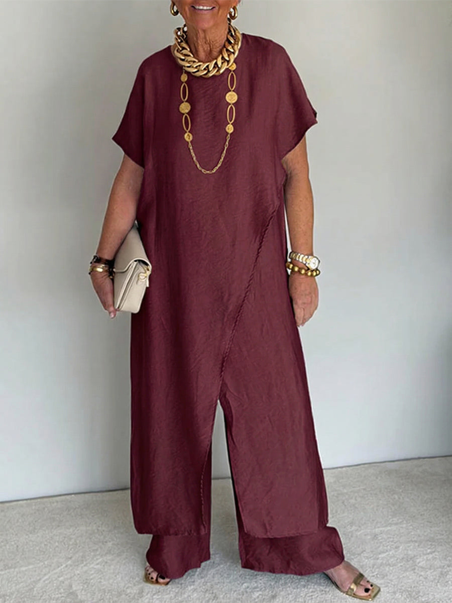Women's Two-Piece Set Long Asymmetric Tunic and Wide-Leg Pants - Burgundy