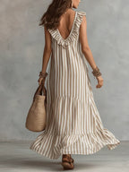 Women's Striped Cotton Dress with Ruffle Neckline