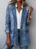 Women's Floral Lace Panel Blazer - Blue