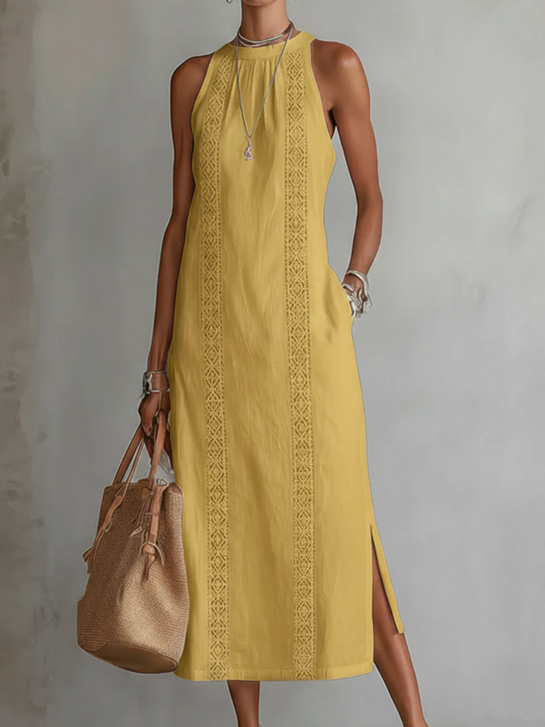 Women's Elegant Midi Dress - Yellow