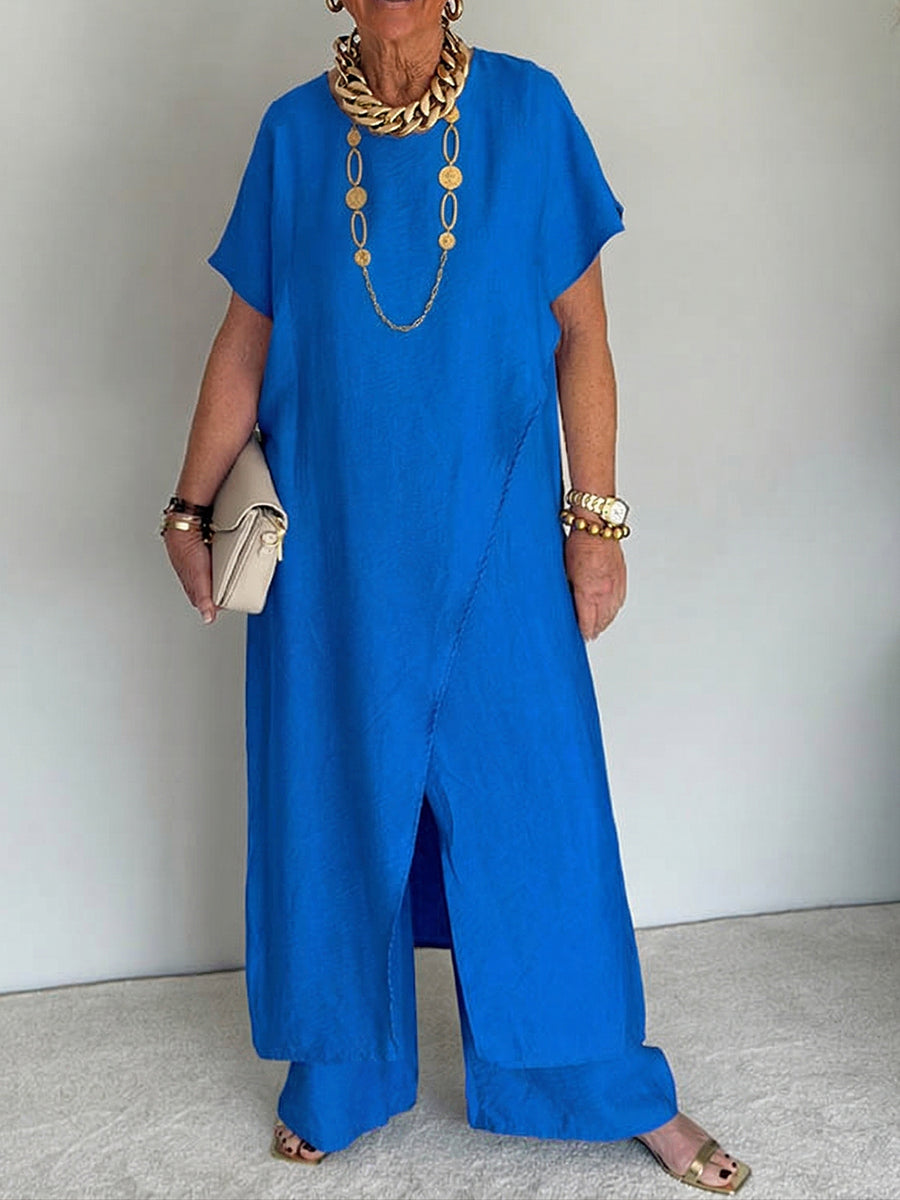 Women's Two-Piece Set Long Asymmetric Tunic and Wide-Leg Pants - Blue