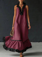 Women's Two-Tone Boho Ruffle Maxi Dress - Burgundy