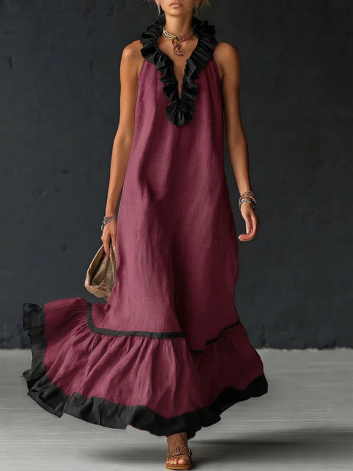 Women's Two-Tone Boho Ruffle Maxi Dress - Burgundy