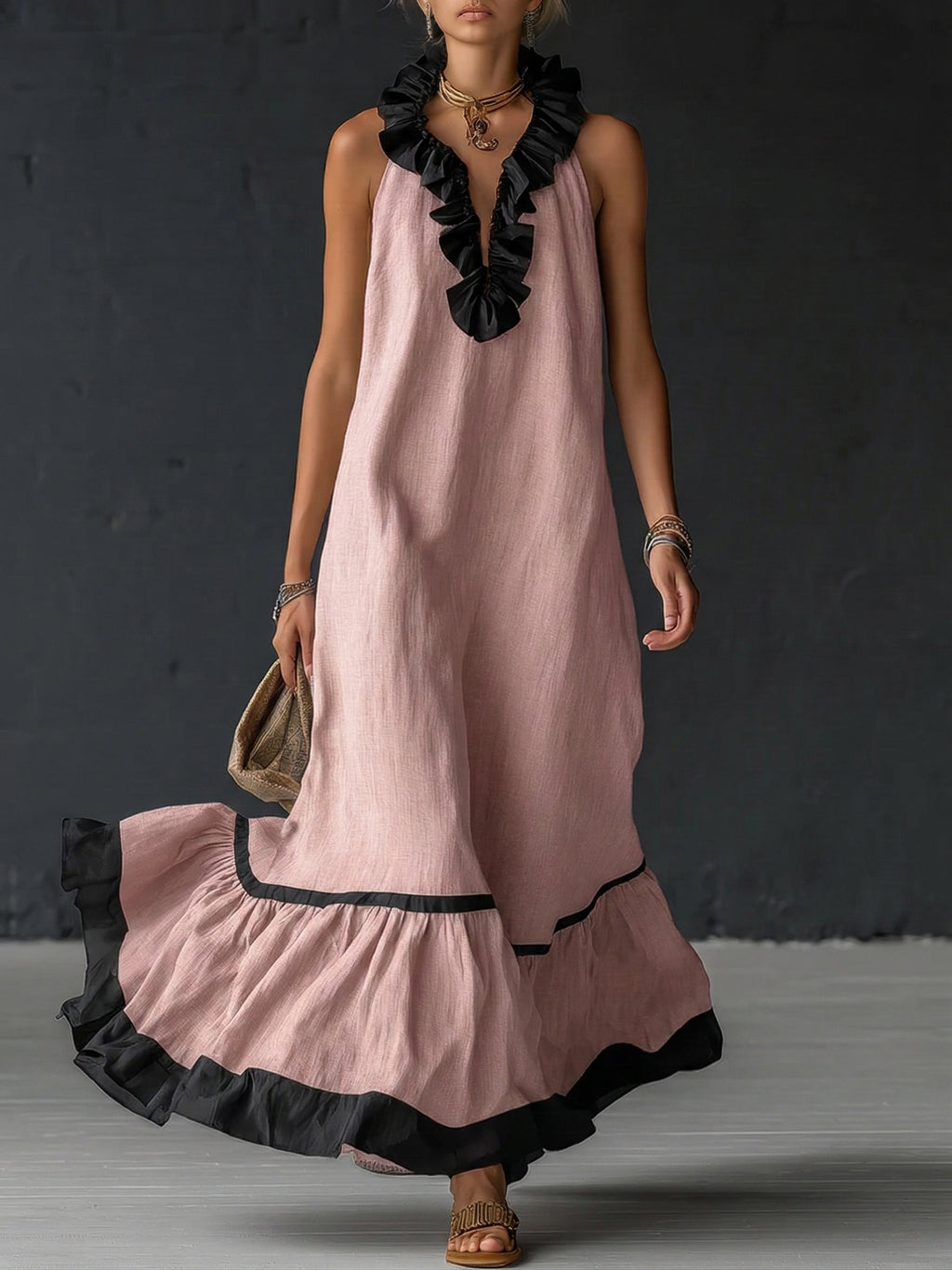 Women's Two-Tone Boho Ruffle Maxi Dress - Pink