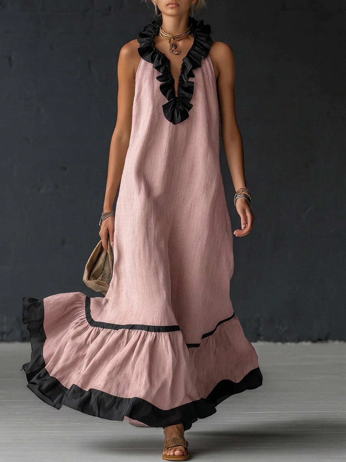 Women's Two-Tone Boho Ruffle Maxi Dress - Pink